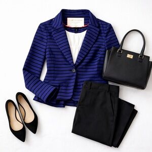 Anthropologie Cartonnier Blue Black Striped Knit Blazer Jacket Womens Small